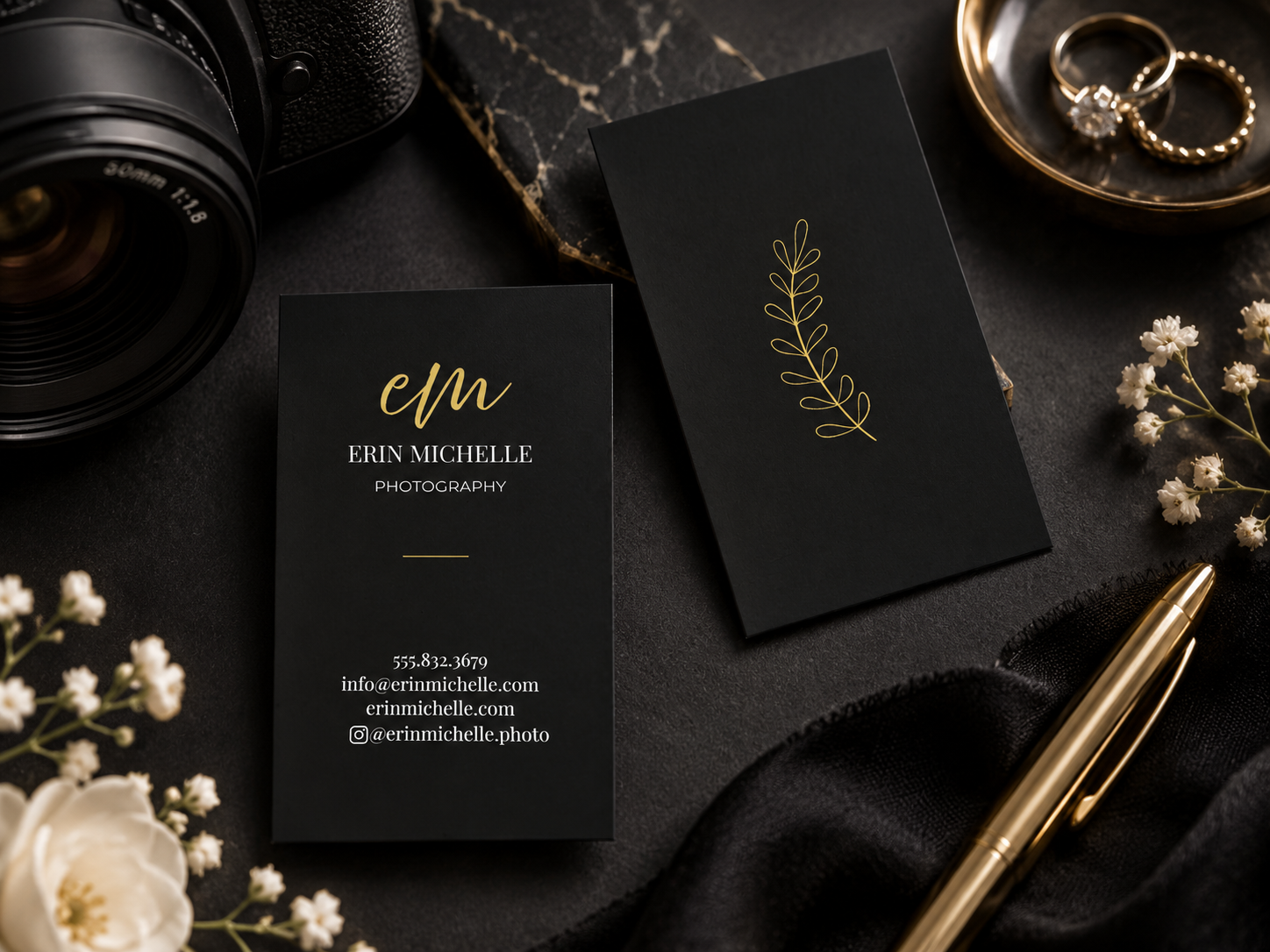 Black and gold Dark Mode Luxe editable Canva business card template