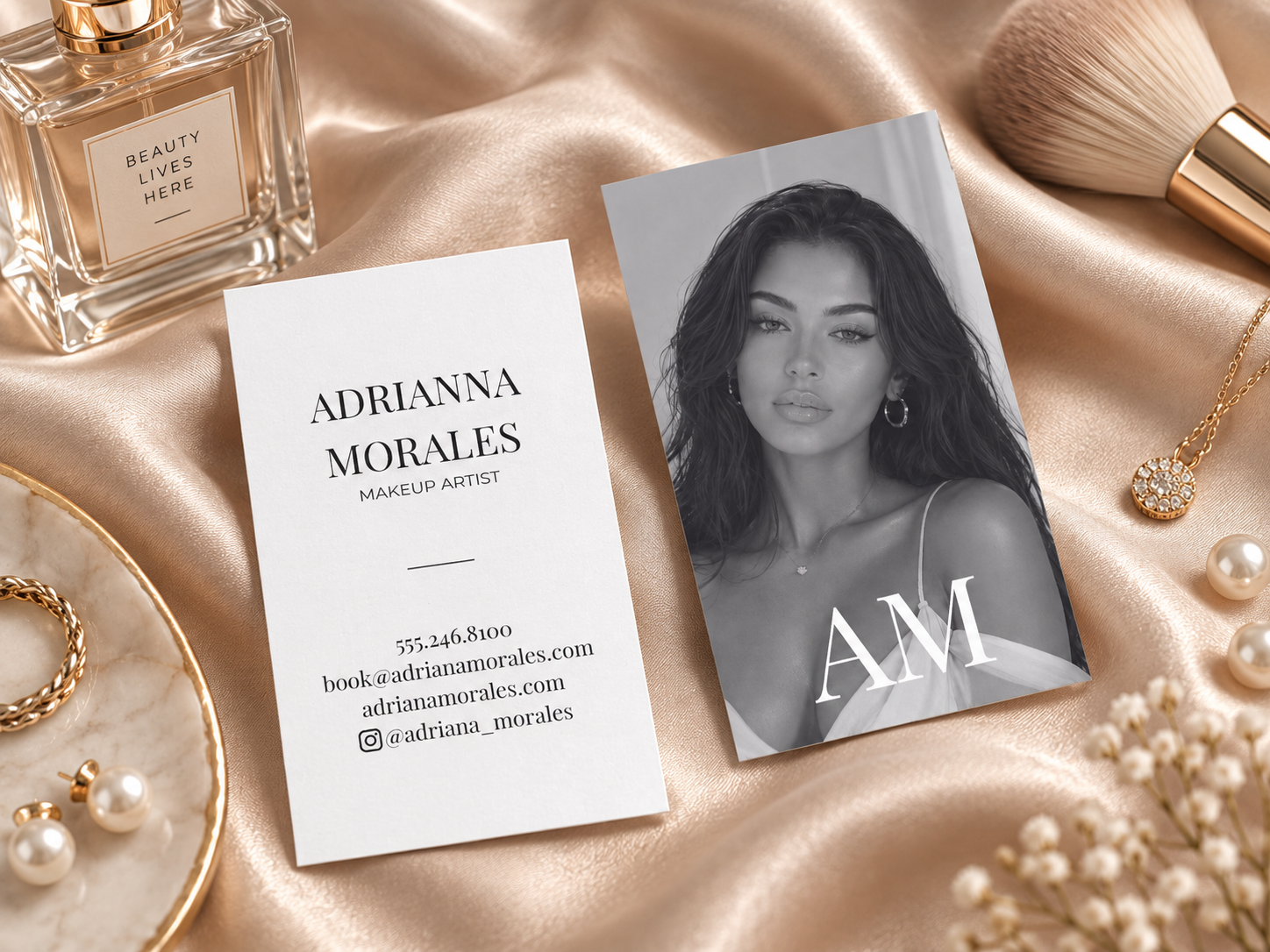 Editorial Fashion editable Canva business card template with black and white portrait
