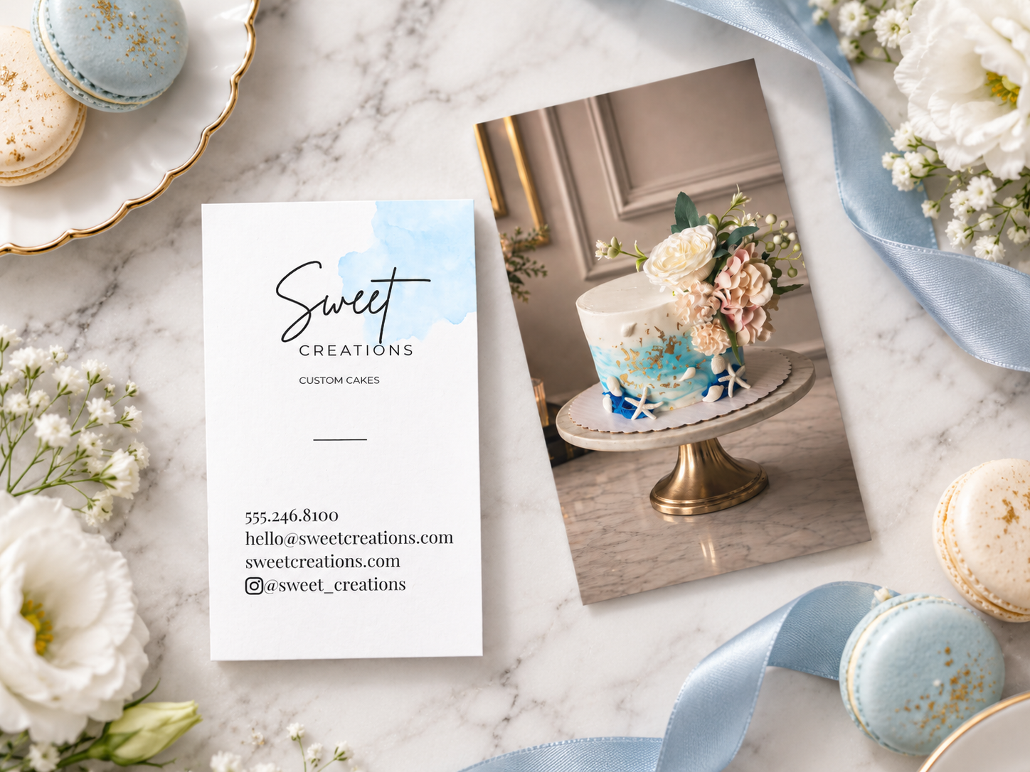 Photo Business Card editable Canva template with custom cake photo