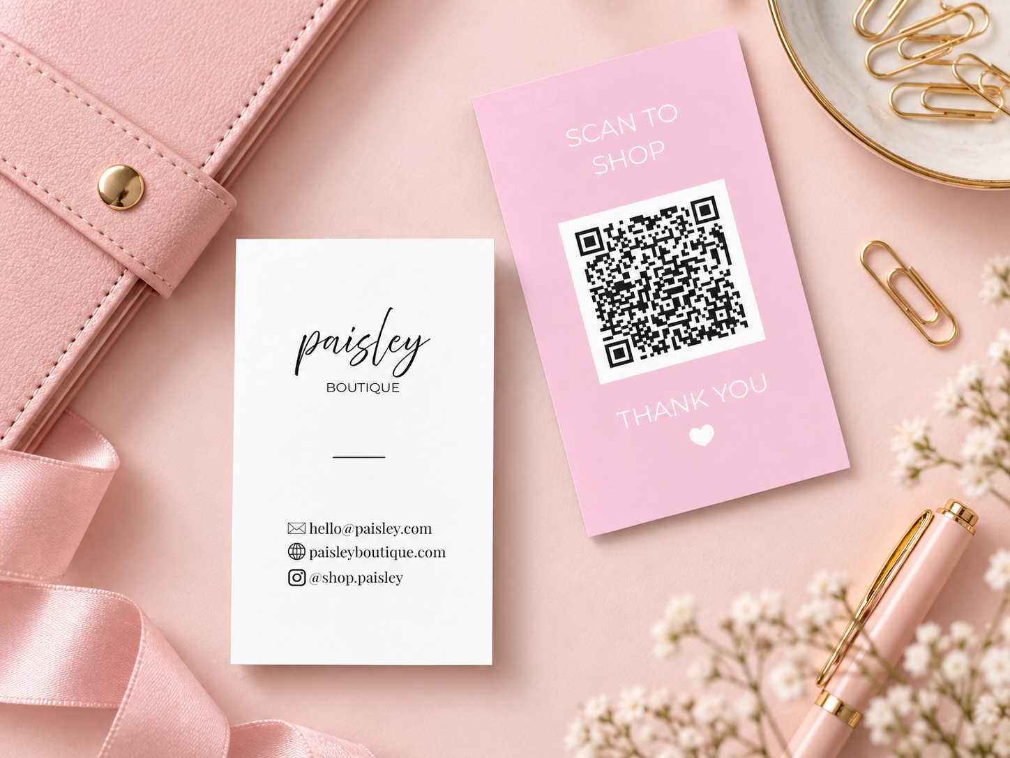 Pink QR Focused editable Canva business card template