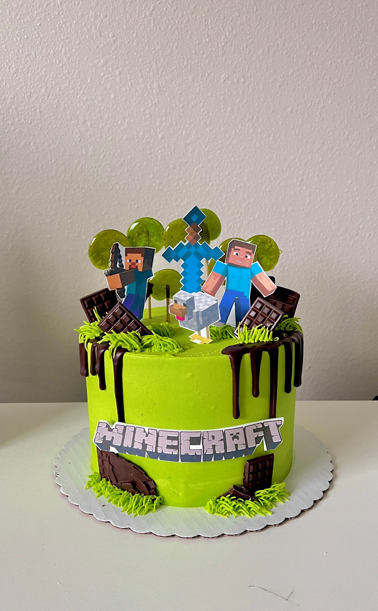 Minecraft themed green drip cake